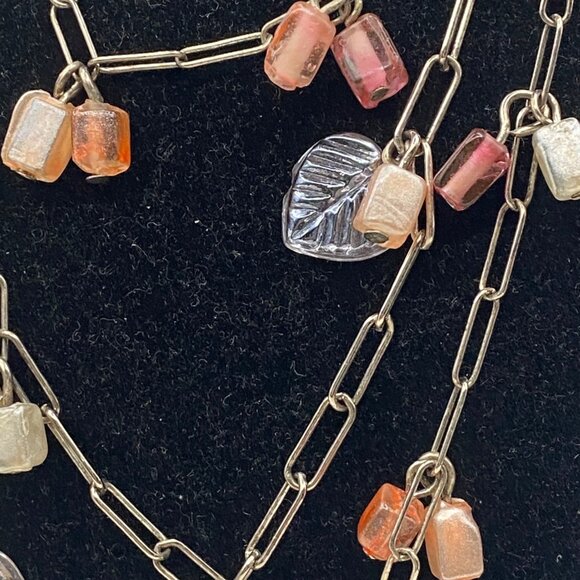 Pink Silver Tone Necklace Earring Set Leaf Accents 46" Paperclip Chain 2" Dangle - Picture 4 of 7